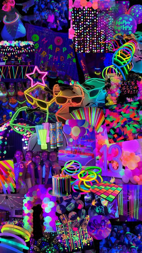 Birthday inspo - glow in the dark party!! - Neo Party Ideas, 16 Birthday Party Glow In The Dark, Glow In The Dark Hoco Theme, Glow In The Dark Hoco Ideas, Backyard Glow In The Dark Party, Glow In The Dark Trampoline Party, Glow In The Dark Homecoming Theme, Glow Night Party, Glow In The Dark Birthday Theme