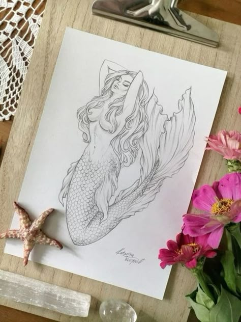 Mermaid Pencil Drawing, Realistic Mermaid Drawing, Mermaid Sleeve Tattoos, Ocean Theme Tattoos, Easy Drawing Step By Step, Mermaid Sketch, Mermaid Tattoo Designs, Realistic Mermaid, Line Tattoo Ideas