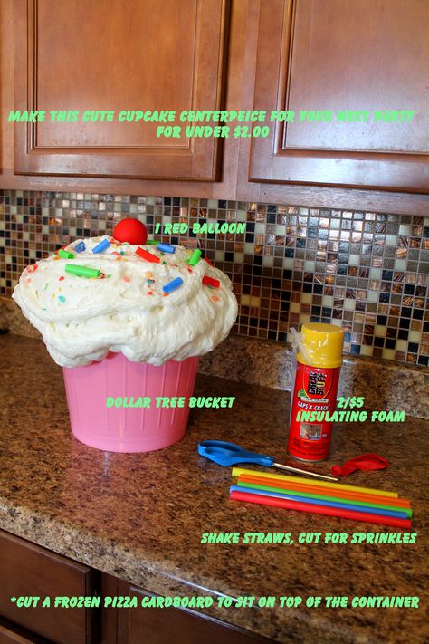 Make these HUGE cupcakes for under $2.00 each!  Insulation Spray Foam, a Plastic Container from the Dollar Tree, a Red Balloon, and some Milkshake Straws.  You can paint the "icing" for different flavors. Candy Themed Party, Candy Land Birthday Party, Bar A Bonbon, Hansel Y Gretel, Gingerbread Christmas Decor, Candy Land Christmas Decorations Diy, Candy Land Christmas Decorations Outdoor, Candyland Birthday, Candy Land Christmas Tree