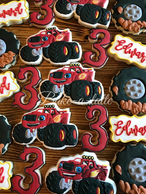 Blaze Monster Truck cookies by Bakealatte. www.facebook.com/Bakealatte Blaze Monster Truck, Blaze Birthday Cake, Bday Party Boy, Blaze Cakes, Toddler Birthday Party Themes, Truck Cookies, Monster Truck Cookies, Blaze Birthday Party, Blaze Party