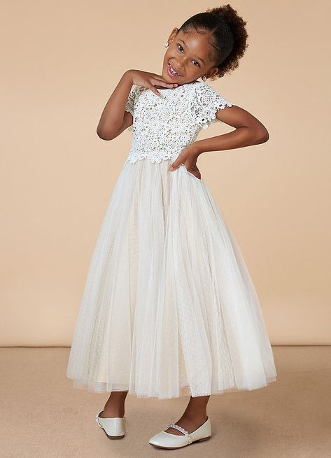 Petal, our boho-inspired flower girl dress will match the bride's wedding gown in this trendy flower girl dress, thanks to the adorable floral lace bodice. A full, flowy A-line skirt cut from dotted tulle creates a cute and whimsical look. Flower Girl Beige Dress, Vintage Flower Girl Dress, Flower Girl Dresses Toddler, Petal Flower Girl Dress, Flower Girl Dresses Vintage, Flower Girl Dresses Champagne, Lemon Wedding, White Flower Girl Dress, Wedding April