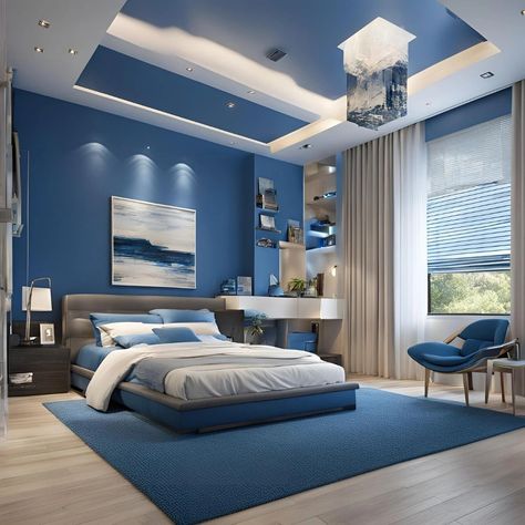 Blue Bedroom Ideas - Perfect Color Schemes and Decor Tips Boys Bedroom Colour Scheme, Bright Blue Bedroom, Boys Bedroom Color Schemes, Cobalt Blue Bedrooms, Boys Bedroom Colors, Blue Bedroom Colors, Blue Bedroom Ideas, Accent Wall Bedroom, Tray Ceiling