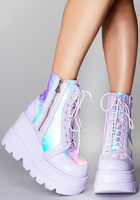 LASR Fairy Kiss Platform Boots - Lavender - Rave Festival EDM Iridescent Techno Dance Wear Party Chunky Heel Platform Boots, Rave Boots, Rave Shoes, Festival Boots, Unique Heels, Goth Boots, Vintage Sandals, Pink Platforms, Kawaii Shoes