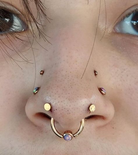 Crazy Nose Piercing, Symmetrical Piercings, Forward Nostril Piercing, Mantis Piercing, Multiple Nose Piercings, Jestrum Piercing, Paired Nostril Piercing, Gold Septum And Nostril Piercing, Unusual Face Piercings