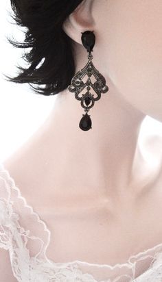 Goth Wedding Earrings, Black Prom Jewelry, Black Earrings Elegant, Gothic Fashion Victorian, Black Crystal Chandelier, Victorian Gothic Jewelry, Dark Earrings, Boho Wedding Earrings, Gothic Boho