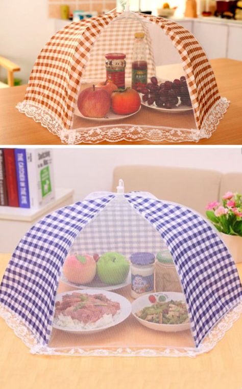 Keep the flies off your food with these Gingham Food Umbrellas! Outdoor Picnic Food, Bbq Picnic, Food Cover, Food Covers, Grid Style, Picnic Food, Grid Design, Outdoor Parties, Diy Sewing Projects