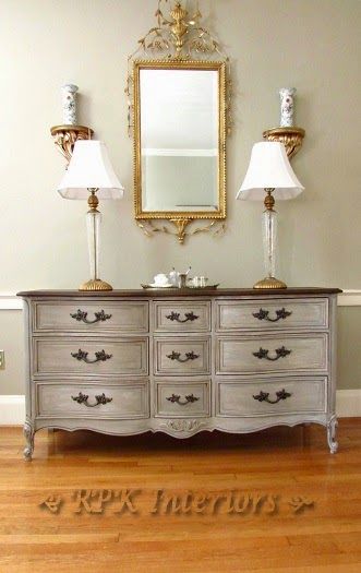 French dresser painted with ASCP layers of Old Ochre, then Paris Grey, then French Linen, and finally Old White. Credenza Liberty, French Dresser, French Provincial Furniture, Provincial Furniture, Painted Bedroom Furniture, Distressed Furniture, White French, Chalk Paint Furniture, Refurbished Furniture