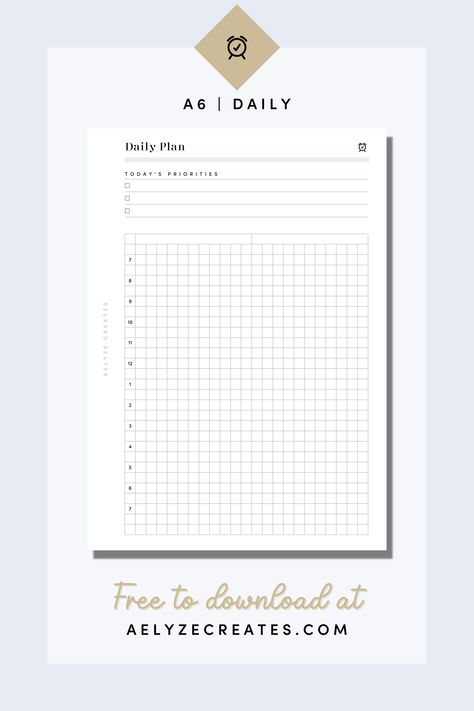 Free A6 Planner Printable Pages - Daily Grid productplannerfree #courseplanner💣. A6 Planner Ideas, A6 Planner Inserts Free Printables, Free Planner Inserts, Simple Daily Planner, Daily Work Planner, A6 Planner, Table Planner, Daily Planner Inserts, Daily Planner Printables Free