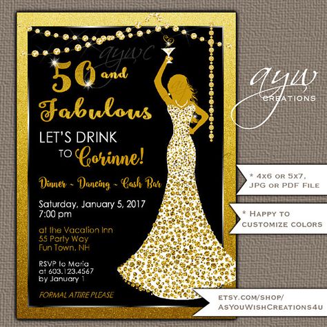 50th Birthday Party Invitations Woman Bling Dress 40th Womans  Birthday Party Invites Dress Bling Cocktail Party Formal Gold Black ANY  AGE #invitation #50thbirthday 50th Birthday Ideas, Birthday Party Invitation Wording, 60th Birthday Party Invitations, Moms 50th Birthday, 40th Birthday Party Invites, 50th Birthday Party Invitations, 40th Birthday Invitations, 50th Birthday Invitations, Fabulous Birthday