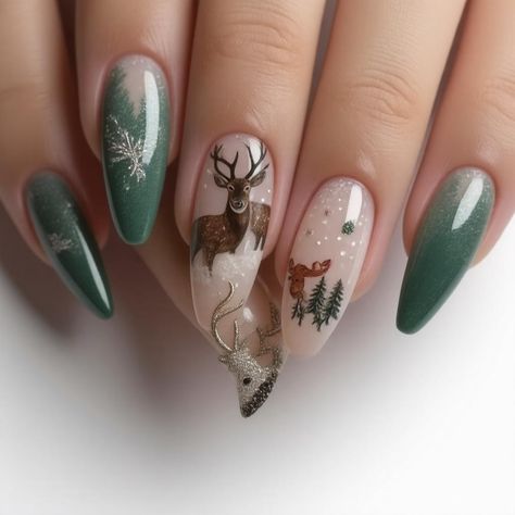 Add a touch of nature to your holiday manicure with Deer Nails Designs. This style features elegant deer illustrations, perfect for a festive and sophisticated look. Pair this with Fall/Christmas Nails for a comprehensive holiday theme. Deer nails designs are perfect for celebrating the beauty of the season and adding a touch of elegance to your style. Embrace the magic of Christmas with these stunning deer nails. Pine Tree Nails, Fall Christmas Nails, Deer Nail Art, Reindeer Nails, Deer Nails, Holiday Manicure, Deer Illustration, Red Christmas Nails, Tree Nails