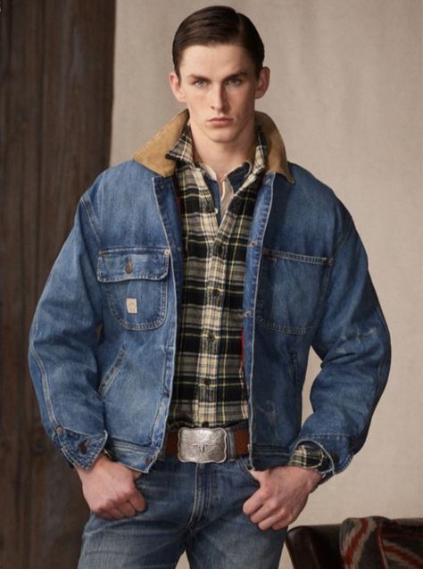 Men’s Modern Western Style, Men’s Western Aesthetic, Western Fashion Men, Ralph Lauren Western, Ralph Lauren Denim Jacket, Men’s Vintage Western Wear, Ranch Outfits, Vintage Ralph Lauren Denim Jacket, Mens Western Jackets Coats & Jackets