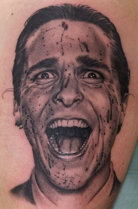 Tattoos - XAVI TATTOOS Christian Bale Tattoo, Patrick Bateman Wallpaper, Body Museum, Mens Faces, Potrait Tattoo, Horror Sleeve, Crucifix Tattoo, Yogi Tattoo, Realism Portrait