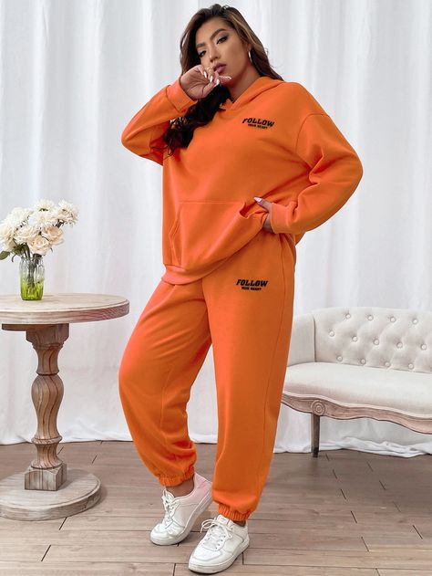 Orange Casual Collar Long Sleeve  Letter  Embellished Medium Stretch  Plus Size Co-Ords Orange Sweatpants, Sweatpants Fit, Drop Shoulder Top, Pocket Letter, Letter Print Hoodie, Hoodie And Sweatpants, Pocket Letters, Sweatshirt Set, Sweatpants Set