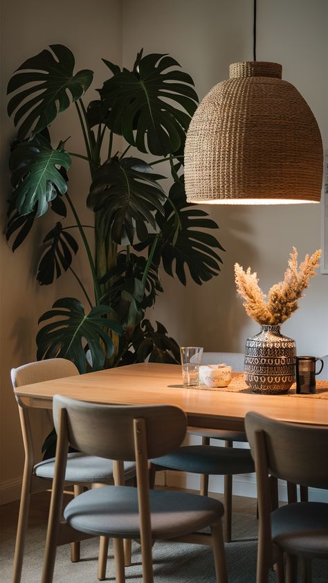 Elevate your dining experience with this inviting setup featuring a tall Monstera plant in the corner, perfectly complementing the sleek LERHAMN dining table. Styled with INGOLF chairs and a textured SINNERLIG pendant lamp, this space radiates warmth and conviviality. The decorative SÄLLSKAPLIG vase adds a touch of personality, while the pendant lamp casts a soft glow over your meals. Discover how to create a cozy dining atmosphere in your home! Click for more styling tips and inspiration! #DiningRoomDecor #IKEAStyle #MonsteraMagic #HomeStyling #CozyVibes #PlantLovers #InteriorInspo Sinnerlig Pendant, Cozy Dining Area, Ikea Style, Room Plants, Dinner Room, Monstera Plant, In The Corner, Interior Inspo, Design Living