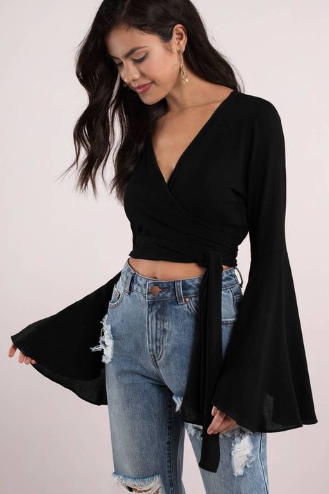 Looking for the Sleeve It To Me Cream Tie Crop Top? | Find Crop Tops and more at Tobi! - 50% Off Your First Order #shoptobi Long Sleeve With Jeans, Bell Sleeve Crop Top, Crop Top Long Sleeve, Cropped Shirts, Casual Skirt Outfits, Tie Crop Top, Black Crop Top, Crop Top Outfits, Cute Crop Tops