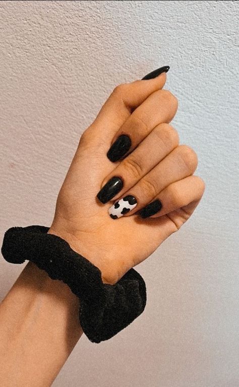 Black Cow Nails Acrylic, Black And Cow Print Nails, Black Cowprint Nails, Black And White Cow Print Nails, Black Nails With Cow Print, Black Cow Nails, Black Cow Print Nails, Cow Nails Designs, Cow Pattern Nails