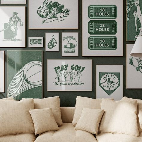 ArtSaltPlace - Etsy Canada Vintage Sports Room Man Cave, Vintage Sports Prints, Sport Gallery Wall, Boys Golf Bedroom, Boys Room Ideas Sports, Sporty Nursery, Vintage Golf Nursery, Sports Basement Ideas, Sports Gallery Wall