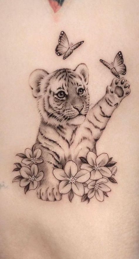 Tattoo Inspiration: Tiger Cub Tattoos Tiger Cub Tattoo, Tiger Butterfly Tattoo, Cub Tattoo, Tiger Tattoos, Cute Animal Tattoos, Cubs Tattoo, Tattoo Culture, Tiger Tattoo Design, Mom Tattoo Designs