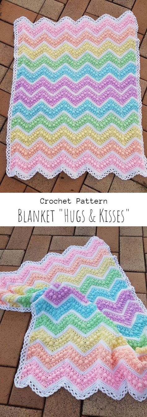 Crochet Blanket For Kids Free Pattern, Crochet Hugs And Kisses Blanket Pattern, Colorful Crochet Blanket Pattern Free, Chevron Blanket Border, Baby Afghan Crochet Patterns Free Chevron Blanket, Crochet Premie Blanket, Blanket Stitches Crochet, Hugs And Kisses Crochet Blanket, Kids Crochet Blanket