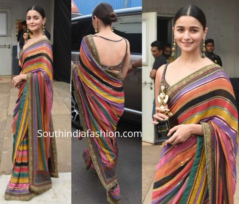 alia bhatt in striped sabyasachi saree at star screen awards 2019 Sabyasachi Sarees, Pure Chiffon Sarees, Indian Sari Dress, Indian Saree Blouse, Indian Saree Blouses Designs, Saree Trends, Elegant Saree, Stylish Sarees, Indian Sari