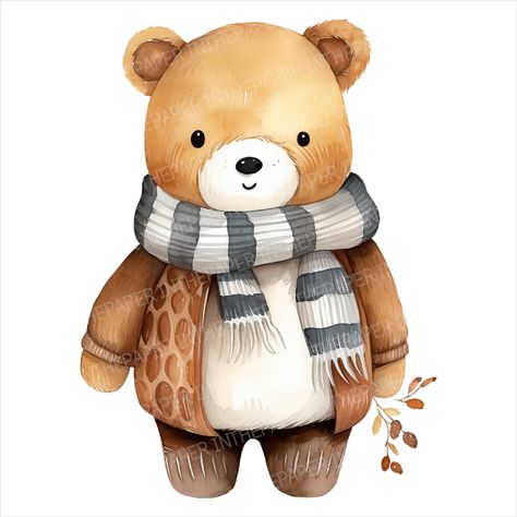 Enjoy the charm of this watercolor-style art featuring an adorable white-bellied teddy bear in a brown jumper and striped scarf, holding a branch adorned with fallen leaves. A delightful glimpse into the autumn season. 🍁🧸 #teddybear #fallart #watercolorart #cuteillustration #autumnvibes #whimsicalart #fallseason #adorable #artisticcharm #seasonalart #fallleaves #cozyillustration #bearart #fallinspiration #autumnal #fallcolors #teddybearlove #illustratedbear #fallflavors #cuteartwork Autumn Nursery, Jacket Png, Autumn Animals, Brown Jumper, Book Clip Art, White Teddy Bear, Whimsical Artwork, Bear Illustration, Cute Teddy Bear