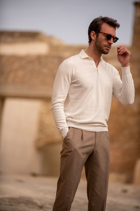 Polo Shirt Outfit Men, Pini Parma, Timeless Knitwear, Beige Fashion, Polo Outfit, Men's Knitwear, Outfits Dressy, Beige Suits, Green Turtleneck