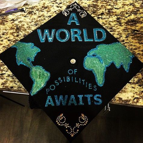 Graduation Cap Ideas | POPSUGAR Smart Living Quotes For Graduation Caps, Creative Graduation Caps, Graduation Cap Ideas, High School Graduation Cap, Grad Hat, World Of Possibilities, Grad Cap Designs, Diy Graduation Cap, Cap Decoration