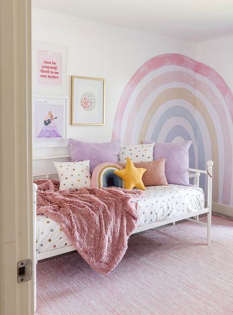 Rainbow Taylor Swift Bedroom - The Lilypad Cottage Unicorn Theme Bedroom Ideas, Rainbow Wall Bedroom, Pink Rainbow Bedroom, Rainbow Taylor Swift, Taylor Swift Themed Bedroom, Unicorn And Rainbow Bedroom, Girls Bedroom Purple, Unicorn Bedrooms, Taylor Swift Bedroom Ideas