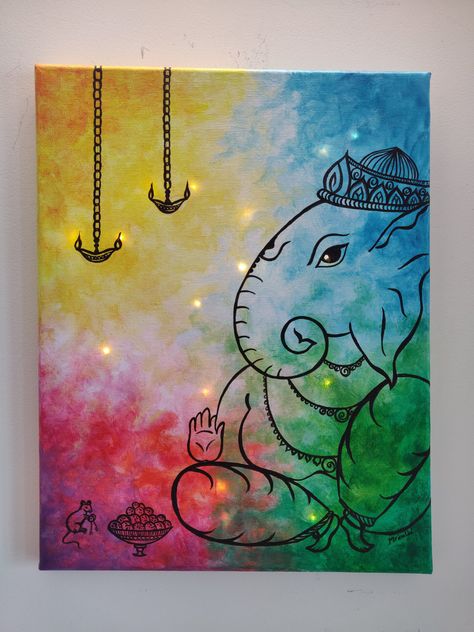 Wall Decoration With Frames, Painting On Ganesh Chaturthi, Ganeshji Canvas Painting, Diwali Easy Painting, Good Luck Paintings For Home, Ganesha Art Abstract, Ganesh Ji On Canvas, Canvas Painting For Gifting, Etsy Paintings On Canvas