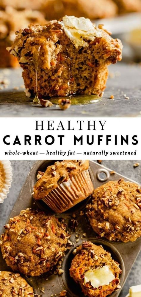 Tender, perfectly sweetened, and secretly packed The Best Carrot Muffinswith carrots, these healthy muffins are the ULTIMATE breakfast or snack. A dose of warm spices and honey lay the groundwork of flavor while whole-wheat flour, olive oil, and Greek yogurt make these uber healthy. A sweet crunchy nut topping is the ideal finish! Carrot Yogurt, Greek Yogurt And Honey, Healthy Carrot Muffins, Healthy Carrot Cake Muffins, Carrot Muffin Recipe, Honey Muffins, Blueberry Bread Recipe, Healthy Blueberry Muffins, Yogurt Muffins