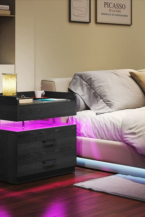 TC-HOMENY LED Nightstand with Voice-Activated Mode, End Table with Charging Station for Bedroom Furniture, Side Bed Table with 2 Drawers (Black) Side Bed Table, Led Bedside Table, Table With Charging Station, Nightstand With Charging Station, Particle Wood, Led Color Changing Lights, Modern End Tables, Side Table Design, Bed Table