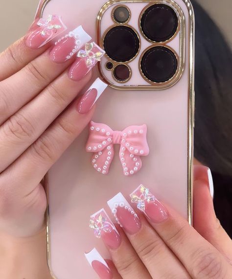 Uñas Coquette, Press On Nails Tips, Heart Pattern Design, French Press On Nails, Nail Shapes Square, Bow Nail Art, Fancy Nails Designs, Girly Acrylic Nails, Nail Art Set