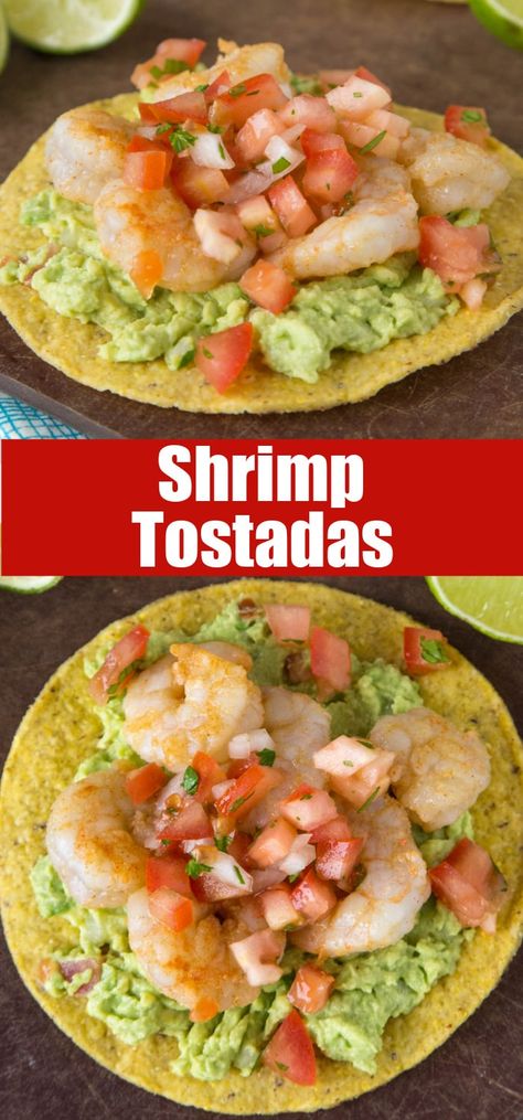 Recipe With Guacamole, Recipes With Guacamole Dinners, Tostada Topping Ideas, Crab Tostadas Recipe, What To Eat With Guacamole, Tostadas Shrimp, Mini Shrimp Tostadas, Shrimp Tostados, Guacamole Tostadas