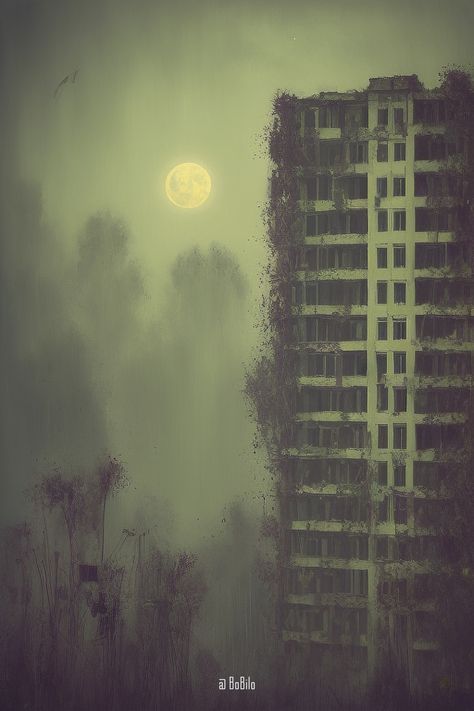 Post-apocalyptic landscape. Dark fantasy art. A lonely house and a mystical moon Post Apocalyptic Art Ruins, Post Apocalyptic Landscape, Apocalyptic City, Landscape Dark, Post Apocalyptic City, Sunset Valley, Post Apocalyptic Art, Mystical Moon, Modern Magic