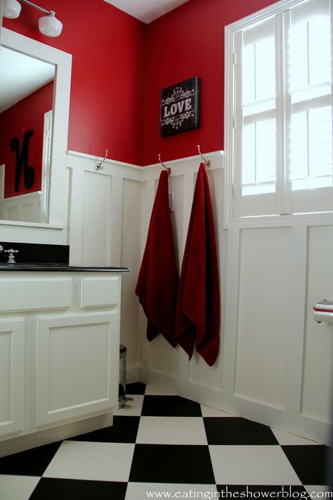 Ralph Lauren Stadium Red and Benjamin Moore Acadia White Bathroom from @Eating in the Shower Blog Black And White Checkered Floor, Black And White Kids Bathroom, Red Bathroom Accessories, Red Bathroom Decor, Checkered Floor, Red Paint Colors, Red Bathroom, Bathroom Red, Boys Bathroom