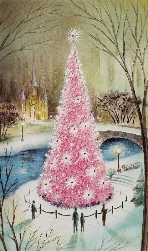 Vintage Pink Christmas, A Pink Christmas, Vintage Christmas Greeting Cards, Pink Xmas, Mid Century Christmas, Pink Christmas Tree, Christmas Greeting Card, Cute Patterns Wallpaper, Vintage Christmas Cards