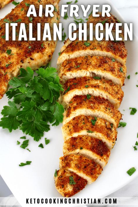 Air Fryer Italian Chicken This delectable Air Fryer Italian Chicken recipe starts chicken perfectly seasoned with a zesty homemade Italian dressing mix. Cooked effortlessly in your air fryer until tender and juicy, your family will love it! #airfryerchicken #airfryerketo Air Fryer Chicken For Pasta, Italian Chicken Recipes Air Fryer, Air Fryer Chicken For Alfredo, Italian Chicken In Air Fryer, Air Fryer Chicken Alfredo Recipe, Marry Me Chicken Air Fryer, Air Fryer Chicken Seasoning, Italian Dressing Chicken Air Fryer, Air Fried Grilled Chicken