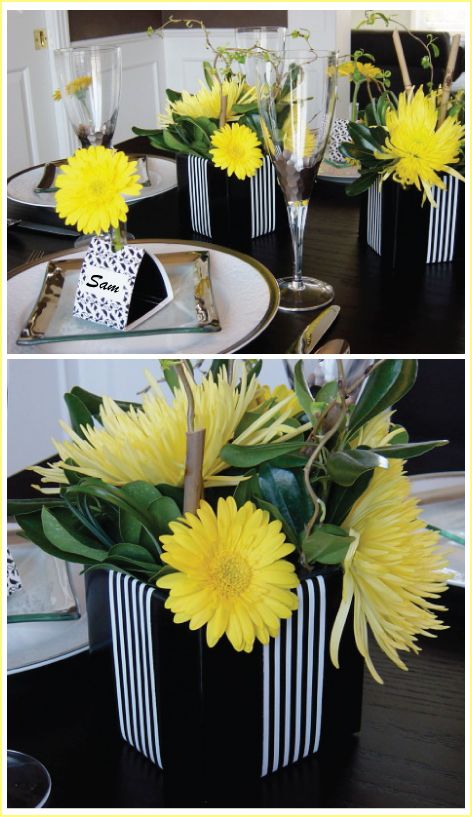 Yellow Party Decorations, Black And White Centerpieces, Black Centerpieces, White Centerpieces, Decorated Boxes, Modern Birthday Party, White Centerpiece, Yellow Party, Yellow Table