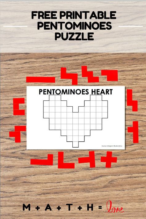 Are you looking for an exciting and engaging activity for your classroom with a mathematical flair? Heart Pentominoes is the perfect early finisher activity! This free printable activity requires students to use Pentominoes pieces to create a heart shape, making it a challenging and unique way to keep young minds engaged in math learning. Check out mathequalslove.net for more free printable pentominoes puzzles. Pentominoes Activities Free, Heart Puzzle Template, Prishtina Mall, Math Art Activities, Valentines Puzzles, February Math, Math Centres, Early Finisher Activities, Math Night