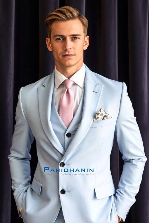 =>UNIQUE CREATION - PLEASE RESPECT COPYRIGHT<= All images and content on this site are exclusively crafted and owned by Paridhanin. Unauthorized copying, sharing, or reproduction is prohibited and will be subject to legal action. A light sky blue 3pc suit with black buttons emphasizing the man's sophisticated yet bold appearance together with light pink tie and a white dress shirt, paired with a patterned pocket square. The price includes Jacket and pant only. Other accessories if you want like 3 Piece Suit Men Wedding, Pink Suit Men, 3 Piece Suit Men, Sky Blue Suit, Blue Tux, Mens Wedding Suits, Pocket Square Pattern, Groom Tux, Light Blue Tie