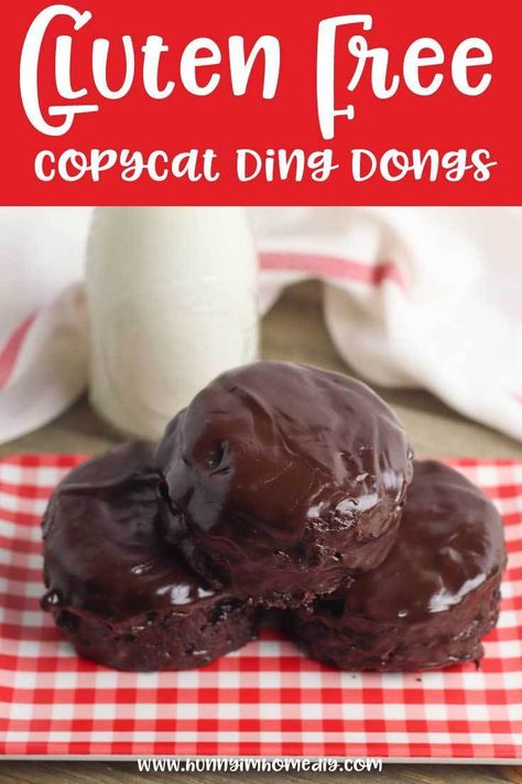 This recipe for gluten free ding dongs tastes just like the original! The taste of this gluten free ding dong cake will take you back to your childhood. And you'll love how easy these gluten free copycat recipes are! They're a simple way to have your favorite gluten free Hostess treats. These yummy gluten free chocolate cupcakes haved sweet filling and chocolate glaze, making them a great gluten free cupcake recipe! #glutenfree Ding Dong Recipe, Gluten Free Cupcake, Gluten Free Cupcake Recipe, Ding Dong Cake, Ding Dongs, Gluten Free Party Food, Gluten Free Party, Gluten Free Chocolate Cupcakes, Oatmeal Creme Pie