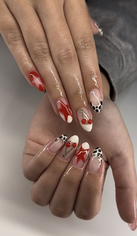 Red And White Nail Inspo Acrylic, Red Concert Nails, Red Black White Nails Designs, Red Maximalist Nails, Different Pattern Nails, Nail Ideas Alt, Bruno Mars Nails, Edgy Red Nails, Vintage Inspired Nails