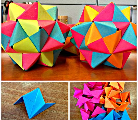 Here I show you how to make origami icosahedron from 30 sonobe pieces. Post It Origami, Origami Star Box, Tutorial Origami, Origami Ball, Origami For Beginners, Origami Dragon, Origami Fish, Origami Love, Origami Rose