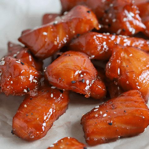 Smoked Salmon Burnt Ends, Smoked Teriyaki Salmon, Teriyaki Smoked Salmon, Salmon Burnt Ends, Festival Foods, Salmon Bites, Burnt Ends, Honey Sesame, Smoked Meats