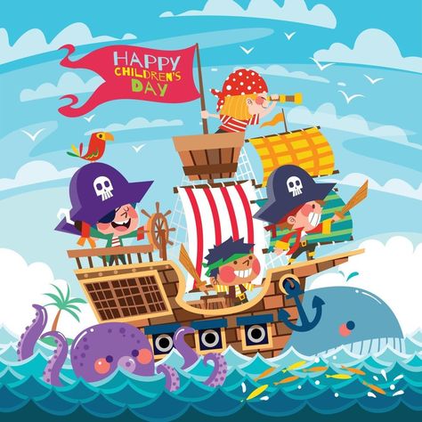 Happy Children's Day Concept with Kids Playing Pirates Cartoon Pirate Ship, Pirate Illustration, Cartoon Pirate, Pirates Illustration, Pirate Room, Boys Quilt Patterns, The Advocate, Pirate Kids, Beach Illustration