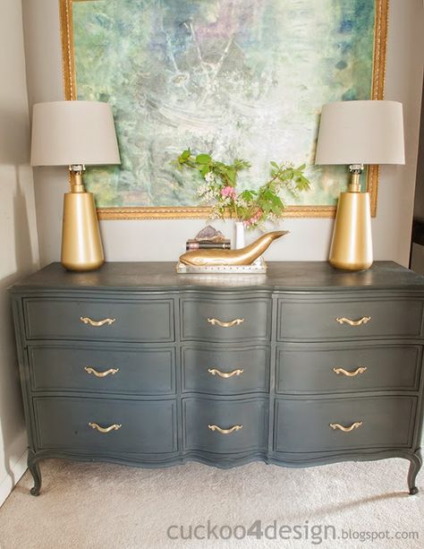 French Provincial Annie Sloan Graphite Dresser - Cuckoo4Design French Provential Dresser, Bedroom Dresser Modern, Hallway Dresser, Painted French Provincial Furniture, Painted French Provincial Dresser, French Provincial Dresser Makeover, Graphite Chalk Paint, French Provincial Bedroom, Modern French Provincial