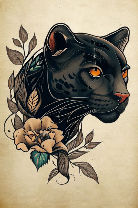 Full Body Panther Tattoo, Feminine Black Panther Tattoo, Snake And Panther Tattoo, Cover Old Tattoo With New, Neo Trad Panther, Florida Panther Tattoo, Panther Head Tattoo Design, Tiger Panther Tattoo, Neo Traditional Panther Tattoo