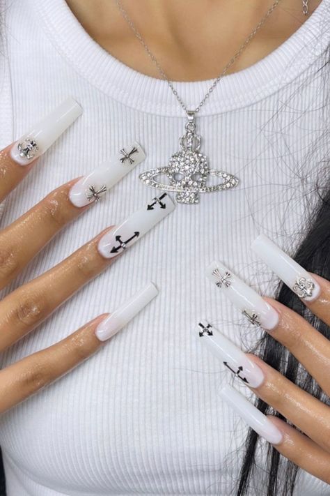 Bella Extra XXLONG SET Check more at https://mangadexx.com/bella-extra-xxlong-set/ Milky White Nails With Black Design, Acrylic Nail Designs Classy, Classy Acrylic Nails, Acrylic Nails Coffin Pink, Almond Acrylic Nails, Nails Only, Long Square Acrylic Nails, Nail Swag, Nail Files