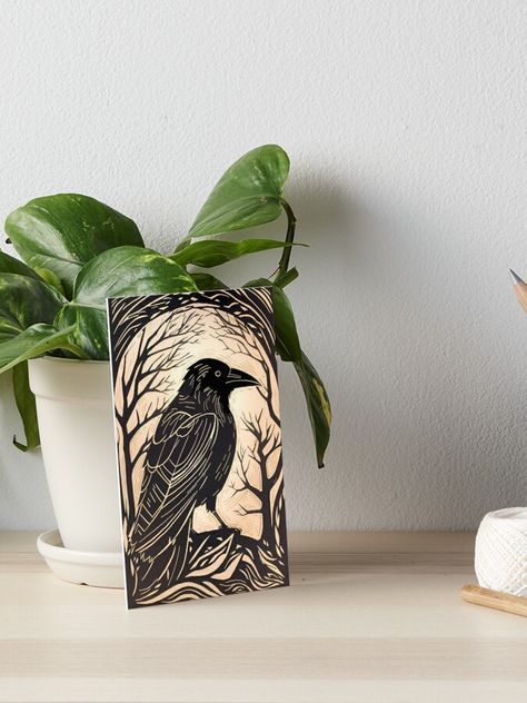 "Woodcut Raven" Art Board Print by ZenStickConcept Raven Lino Print, Upcycle Bag, Linocut Printing, Bird Singing, Enameling Jewelry, Pet Paintings, Lino Printing, Crow Art, Raven Art