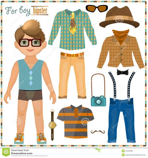 Paper doll with a set of clothes. Cute hipster boy. Paper Boy Outfit, Paper Dress Design, Hipster Clothing, Hipster Boy, Free Printable Paper Dolls, Paper Doll Printable Templates, Paper Dolls Clothing, Paper Boy, Paper Doll Dress